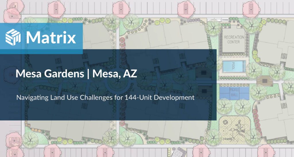 Mesa Gardens project header showing site plan for 144-unit development in Mesa, Arizona