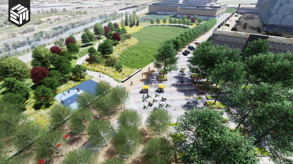 Aerial rendering of Broadway Station redevelopment park with green space, paths, and nearby buildings