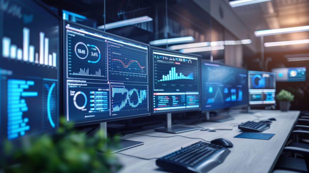 Modern IT office with multiple screens displaying data dashboards and analytics