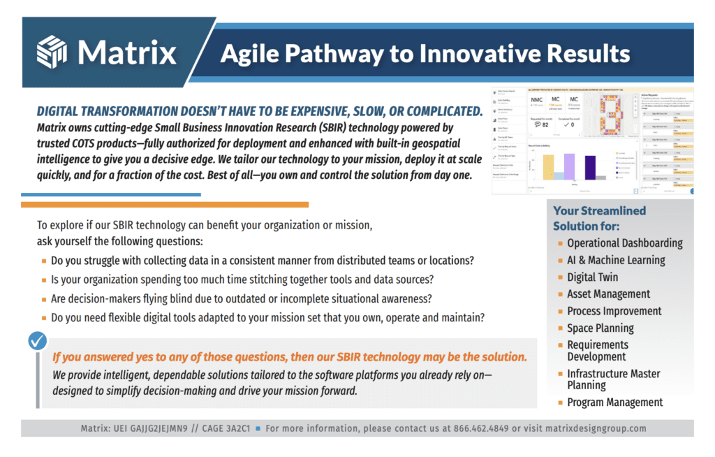 Matrix SBIR postcard outlining an agile pathway to innovative digital transformation results